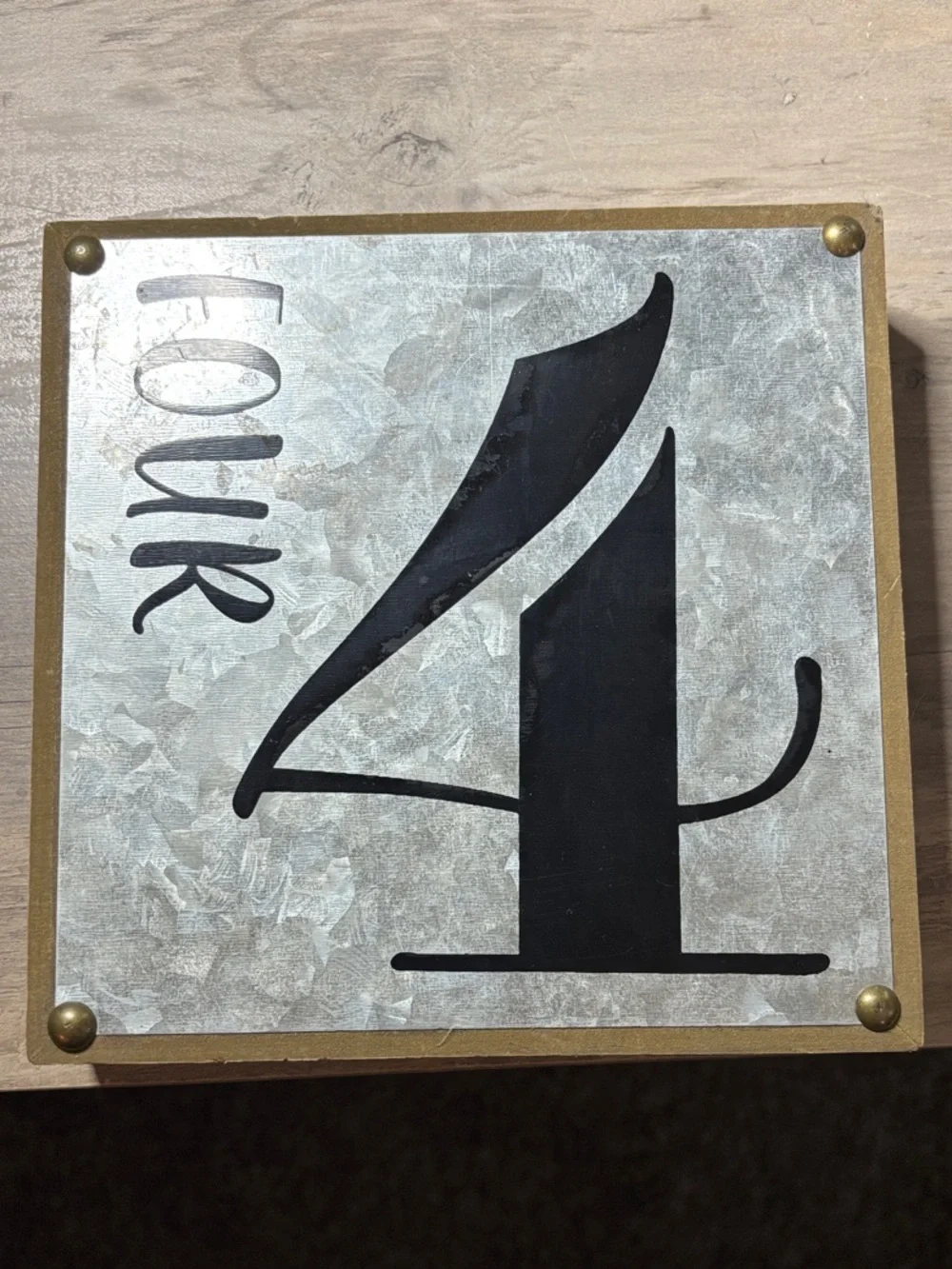 Wood and Metal Number 4 Wall Decor - Black print on Silver background